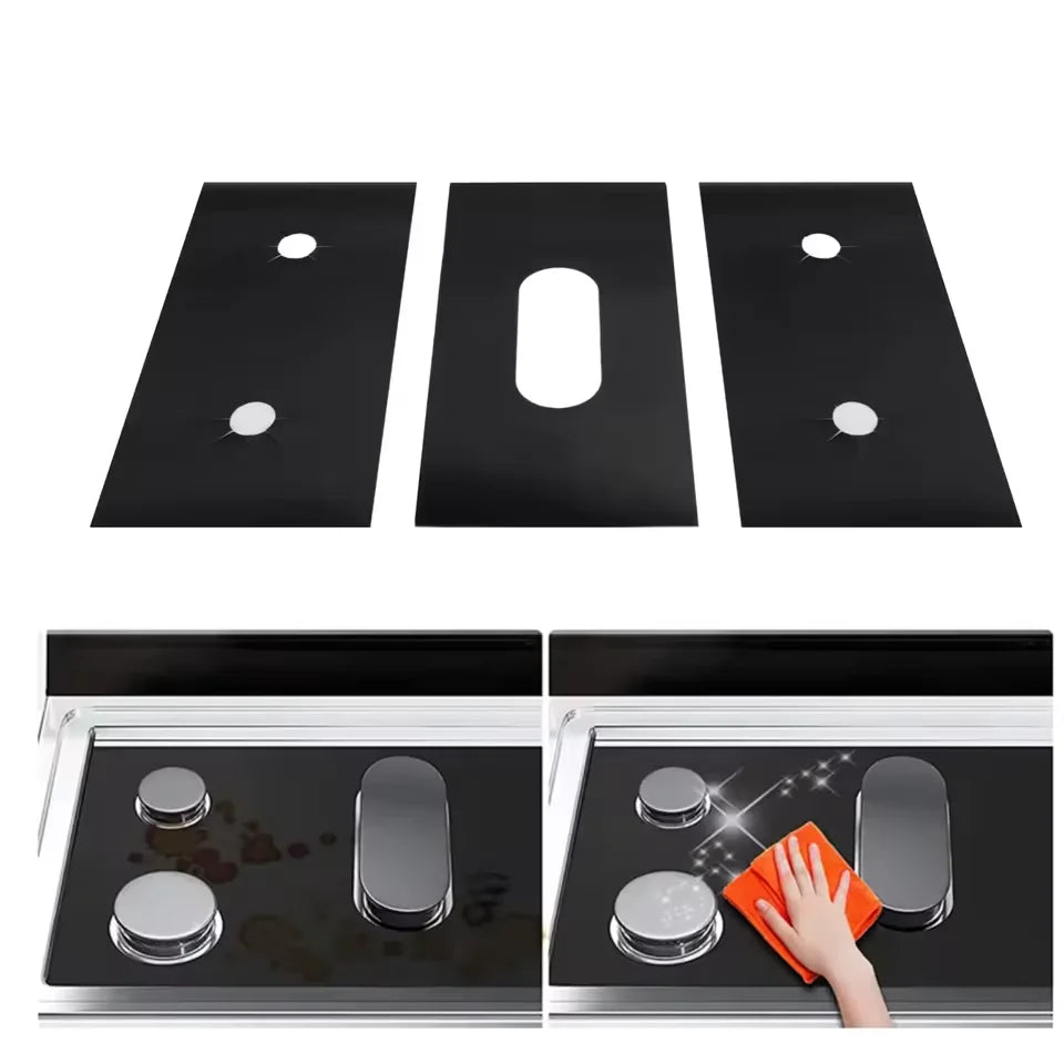 A set of three black reusable heat-resistant gas stove protector mats shown alongside a stovetop.
