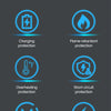 Infographic showing six advantages of a product including charging protection, flame retardant protection, overheating protec