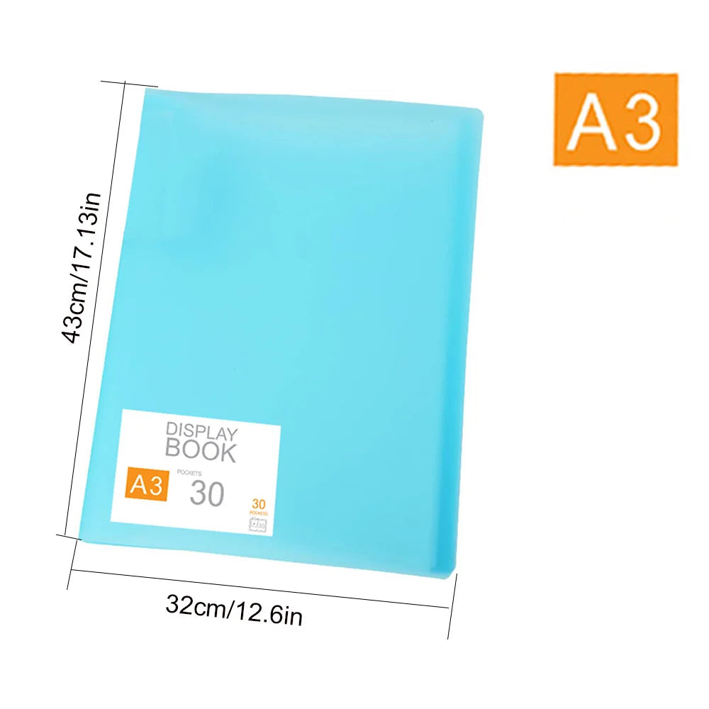 A light blue display book with 30 clear pockets, labeled as A3 size.