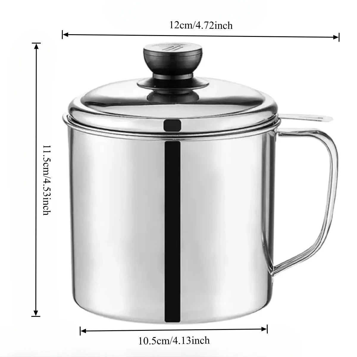 Stainless steel kitchen grease strainer and storage jar with a lid and handle