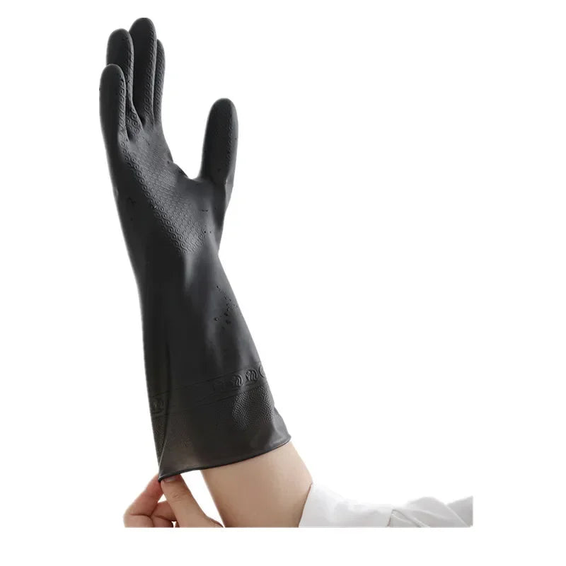 A black durable rubber cleaning glove shown on a hand, highlighting the textured grip.