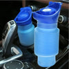A blue portable urinal is shown in a black vehicle interior setting.