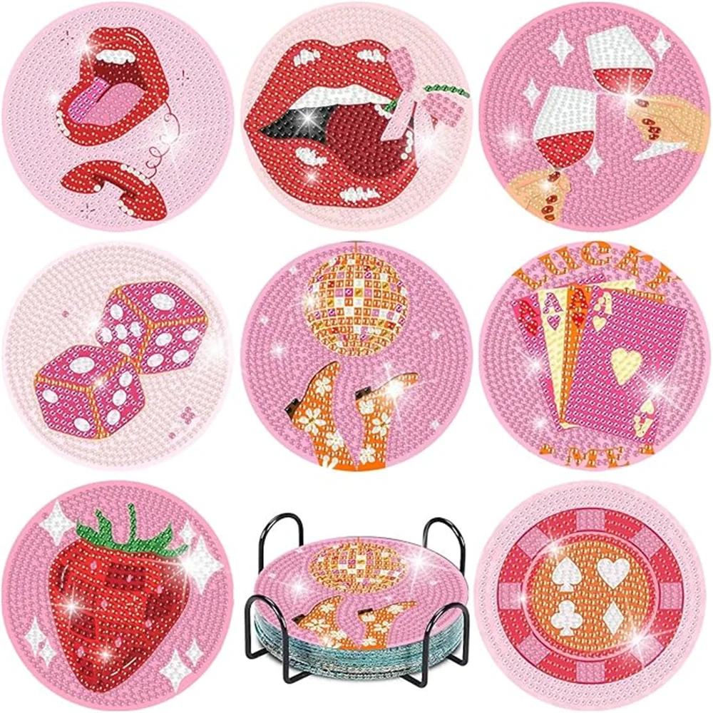 A set of DIY diamond art coasters featuring various designs like lips, strawberries, and playing cards with a metal stand.