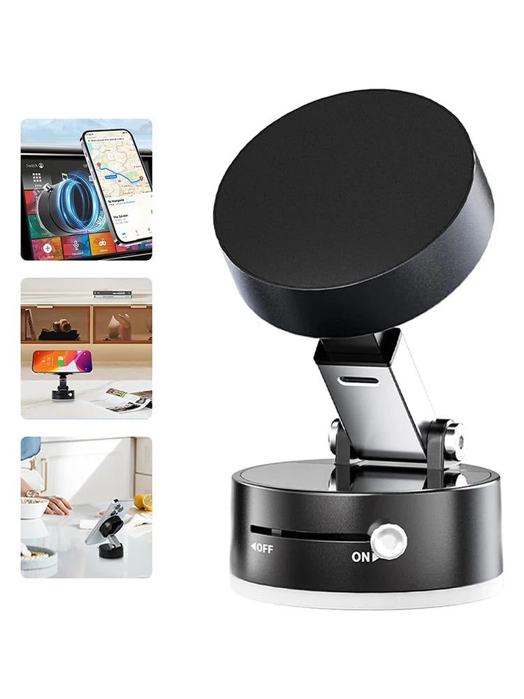 A black magnetic foldable car phone mount with dual-side adhesion shown in various contexts.