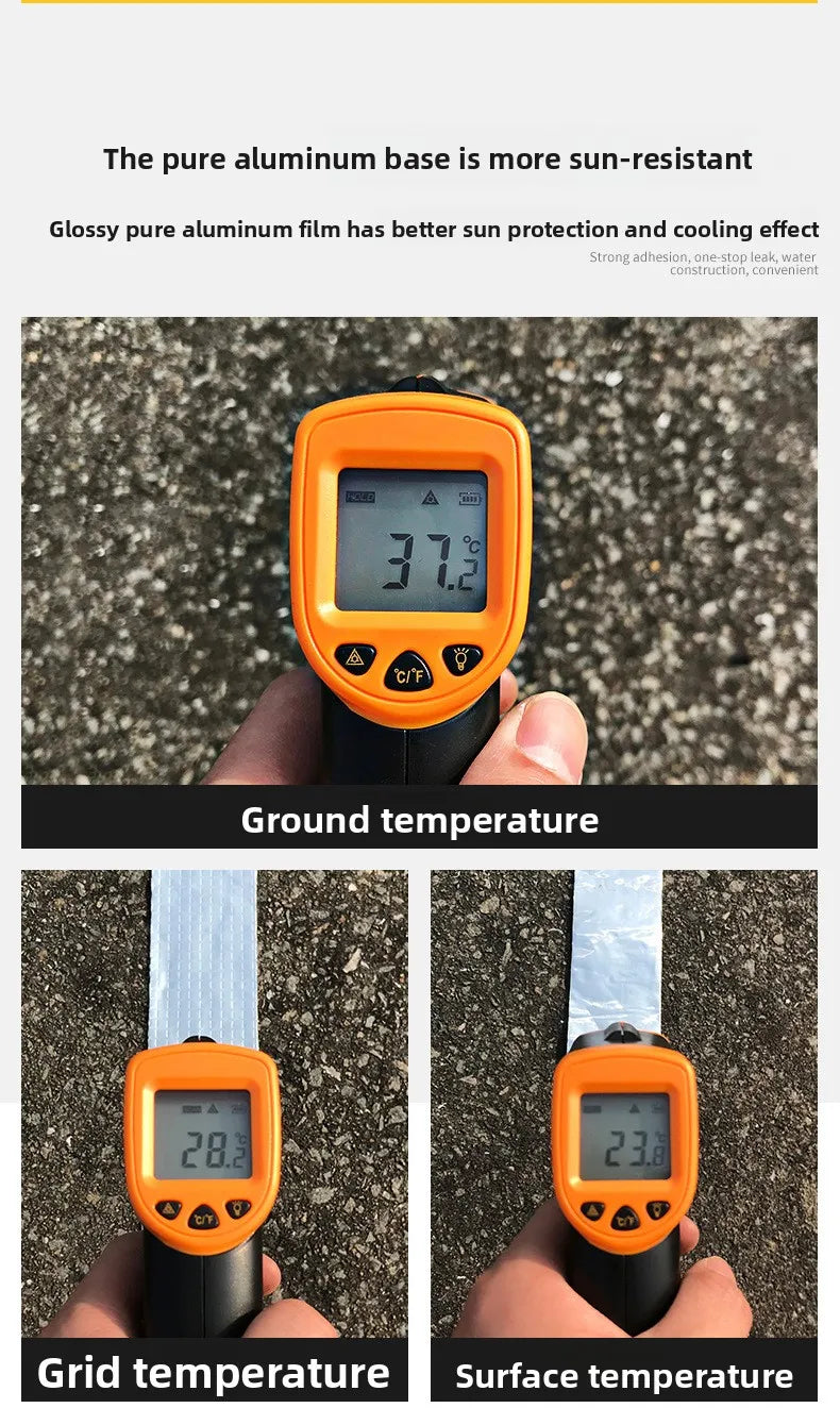 A hand holds an orange digital thermometer measuring ground, grid, and surface temperatures.
