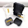 A set of three DEWALT TSTAK mini tough tool cases in clear and black hard shell storage.