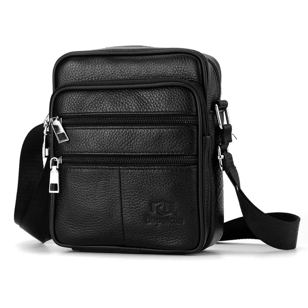 Black vintage leather messenger bag with adjustable strap and multiple zippered compartments