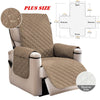 A beige waterproof non-slip recliner sofa cover with side pockets shown in a recliner chair.