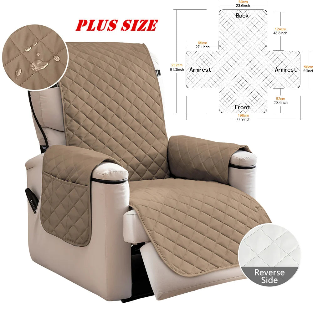 A beige waterproof non-slip recliner sofa cover with side pockets shown in a recliner chair.