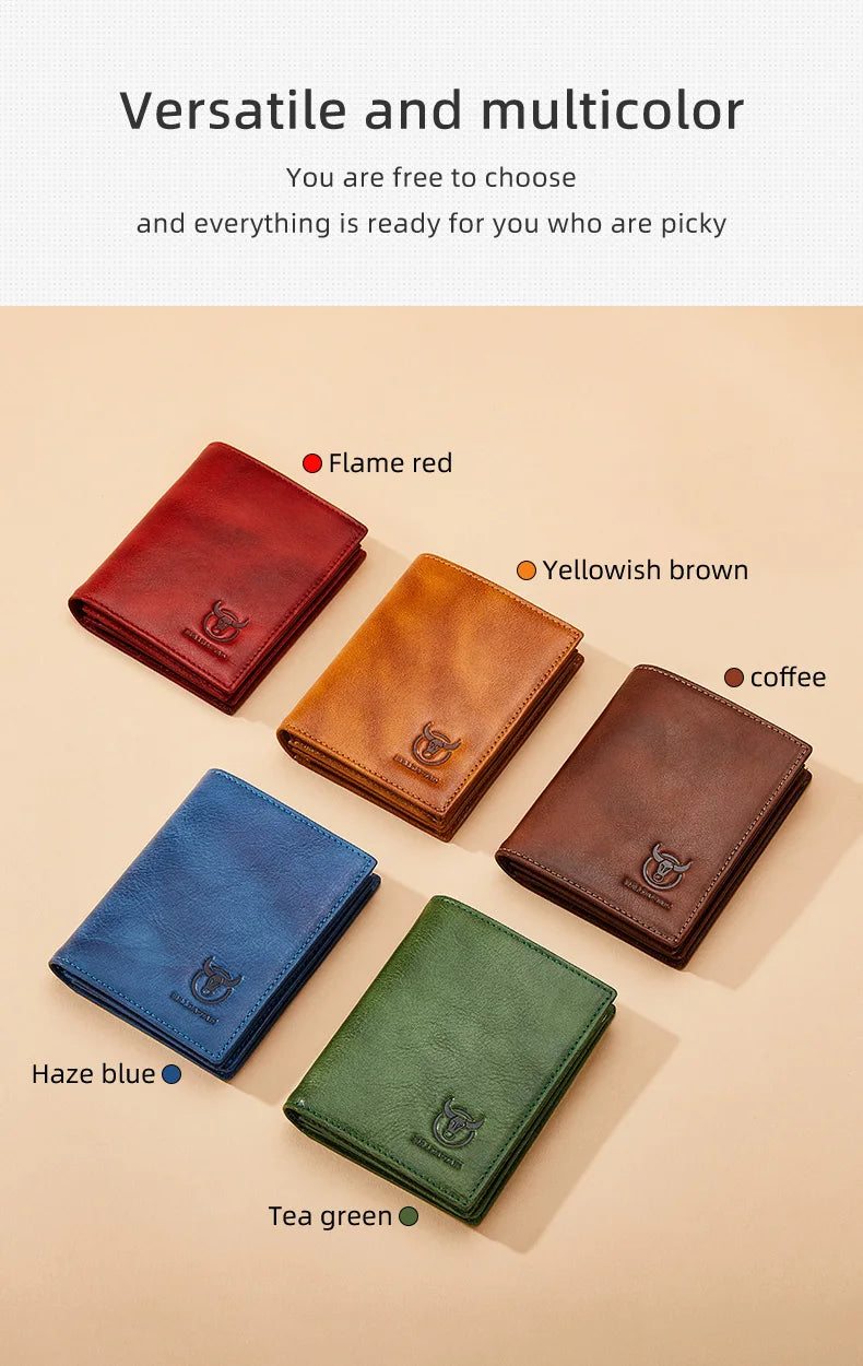 A collection of five leather bifold wallets in various colors including flame red, yellowish brown, coffee, blue, and tea gre