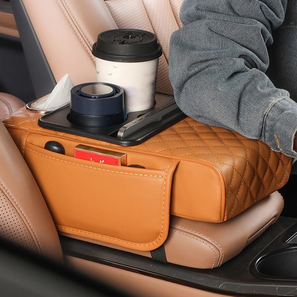 Multifunctional Car Armrest Cushion with Storage and Cup Holder