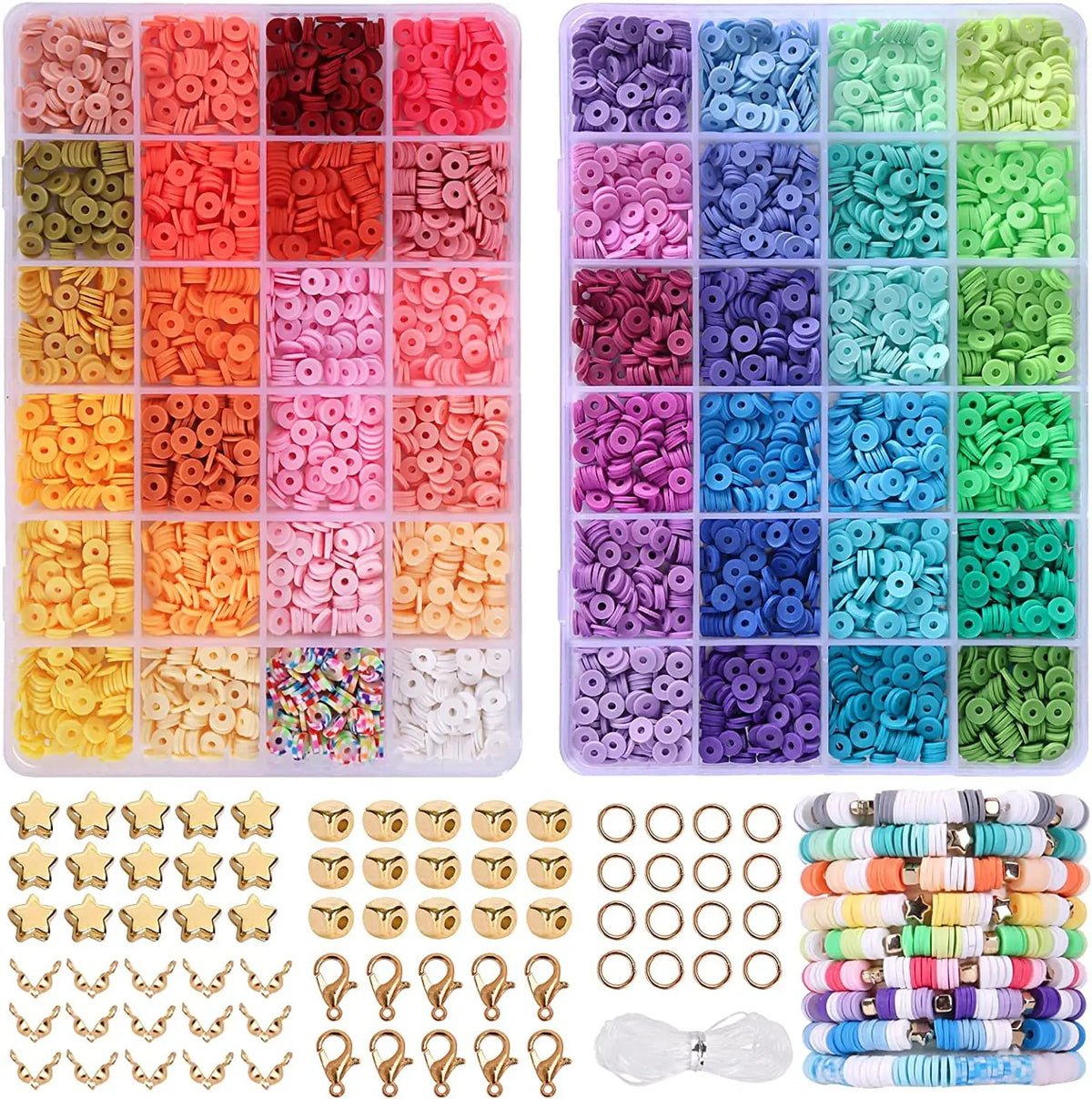 A collection of colorful polymer clay beads and letters in various shapes and colors for DIY jewelry making