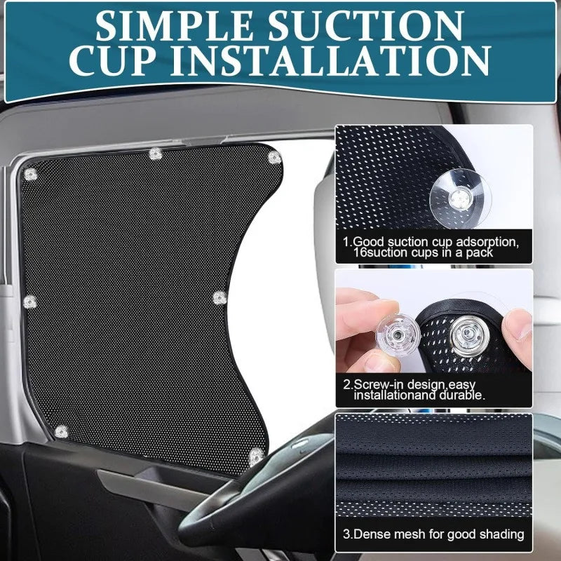 A black truck side window sunshade with suction cups installed on a vehicle window.