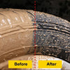 Before and after comparison of Ultra-Shine tire and trim dressing spray application on a tire surface.