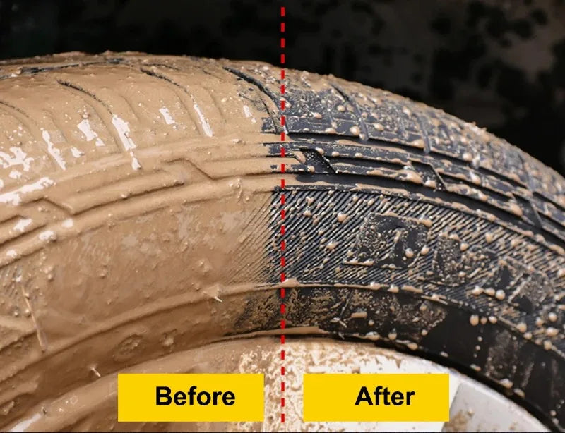 Before and after comparison of Ultra-Shine tire and trim dressing spray application on a tire surface.