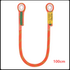An orange nylon cord loop sling with a green and orange striped fabric section and a yellow tag, measuring 100cm.