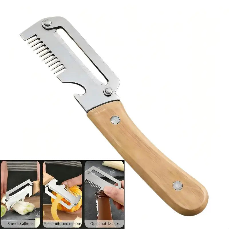 Multi-Functional Vegetable Peeler with Wooden Handle and Bottle Opener