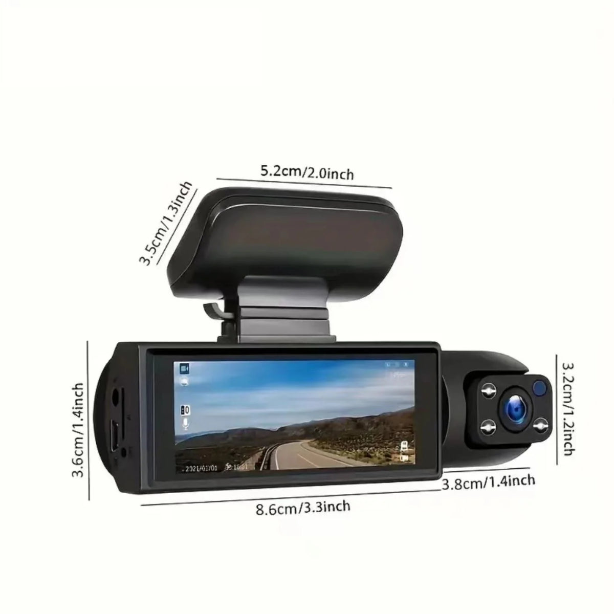 A black dashcam featuring a front and interior lens with night vision capabilities.