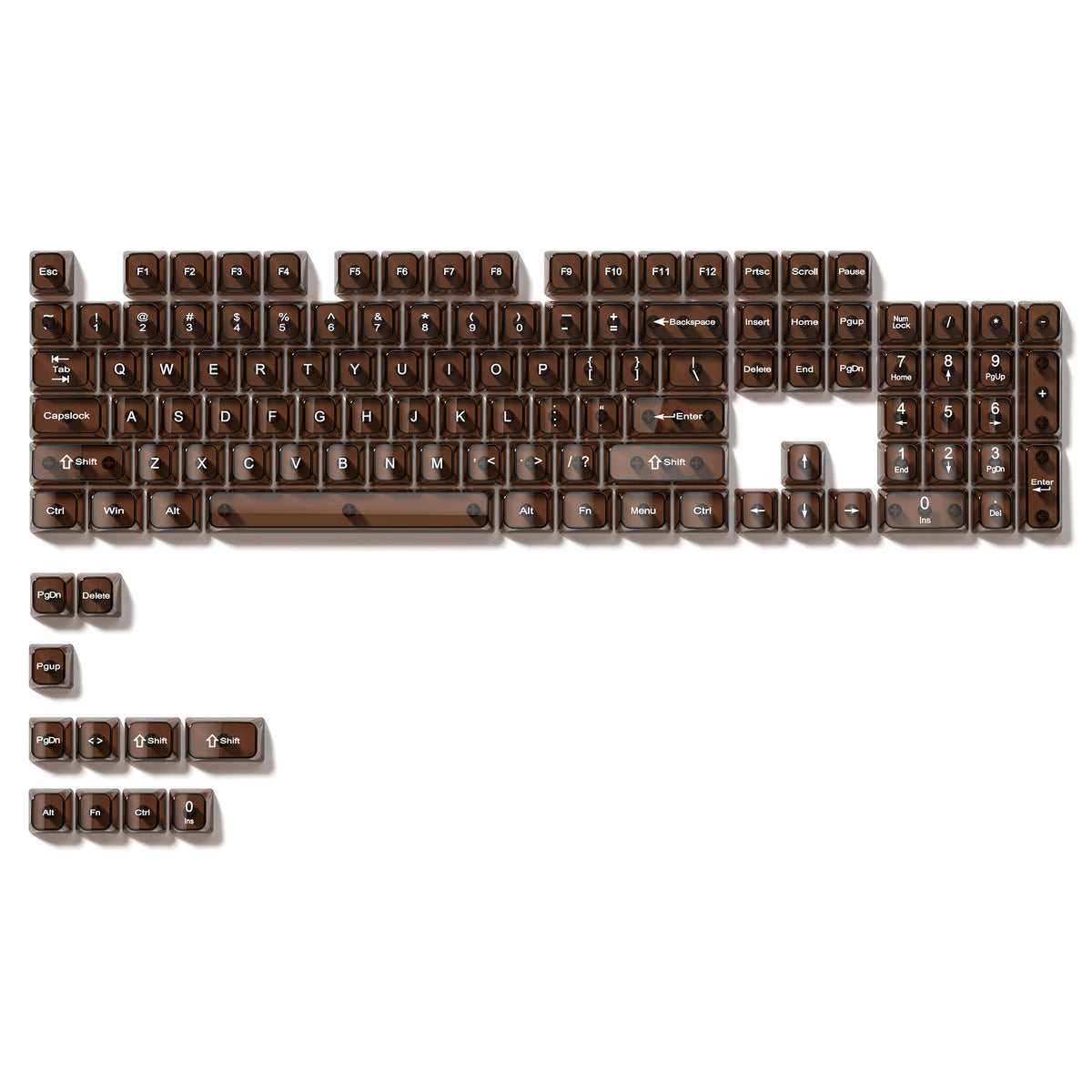A full set of 115-key crystal clear RGB backlit keycaps with an MDA profile computer keyboard.
