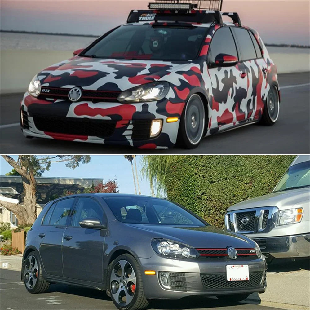 A Volkswagen MK6 GTI is shown with aftermarket LED front side marker lights installed on the front bumper.