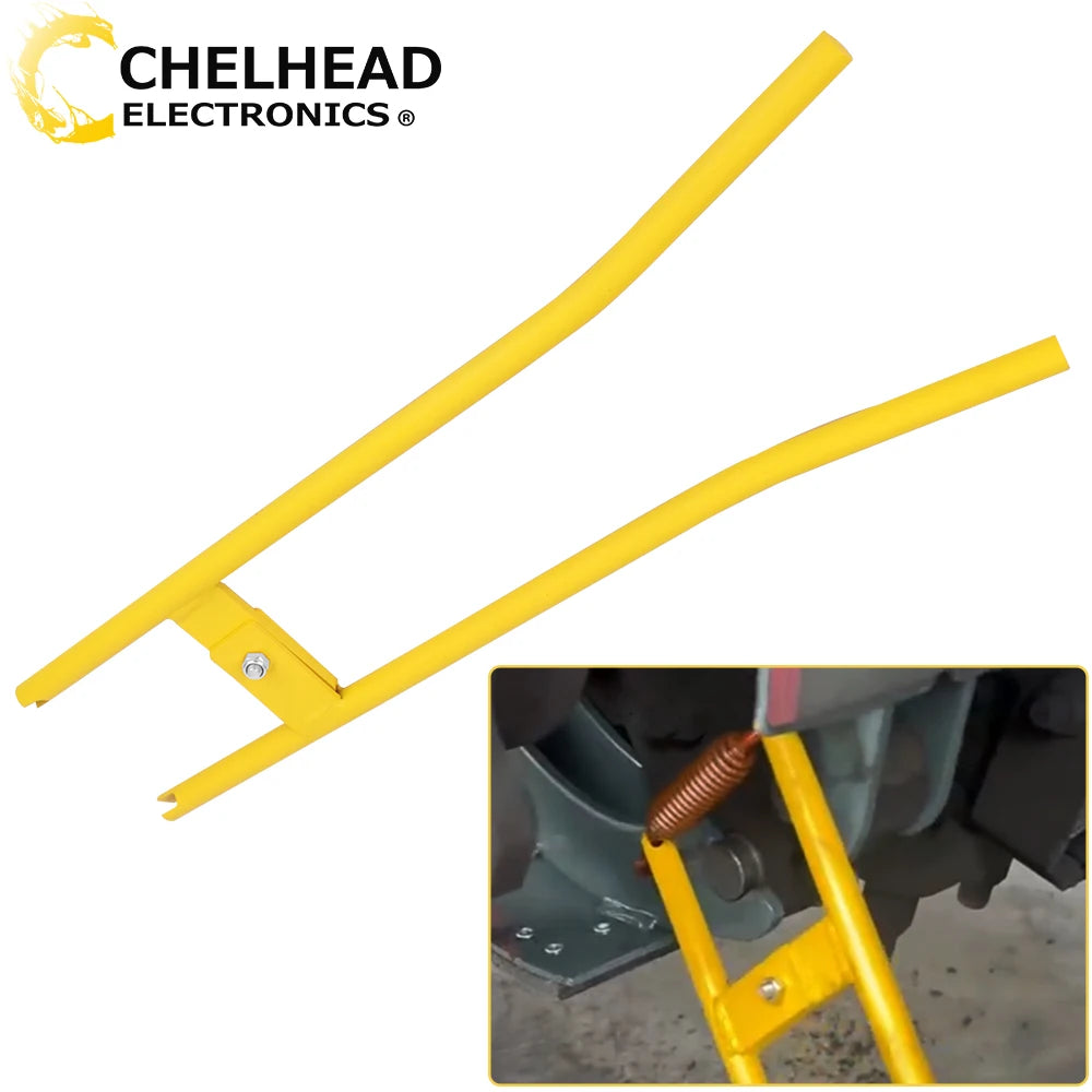 Yellow heavy-duty truck brake spring installer and remover tool shown in a close-up view.