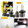 Two sets of LED fog light bulbs packaged in a box, showing the individual lights and an installed example.