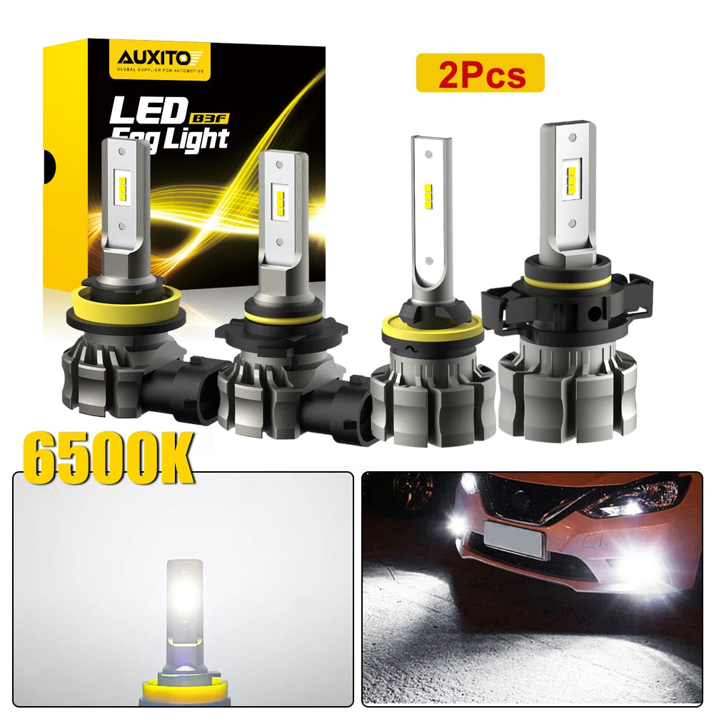 Two sets of LED fog light bulbs packaged in a box, showing the individual lights and an installed example.