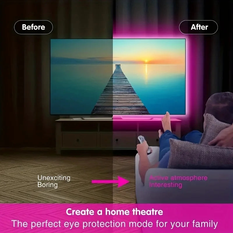Before and after comparison showing a screen display transformation for a home theatre setup