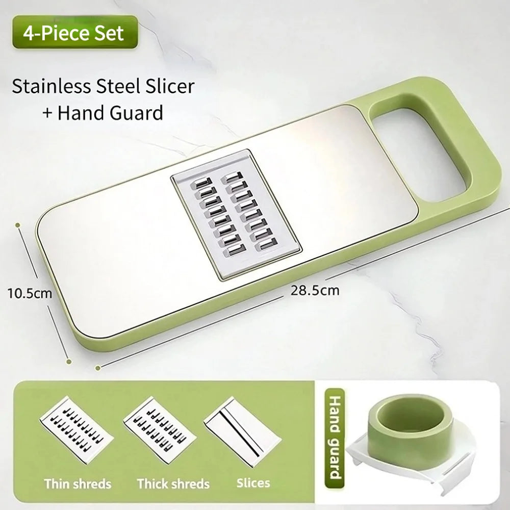 A stainless steel slicer set with a hand guard and three interchangeable blades for cutting food.