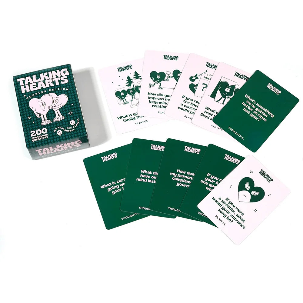 Collection de cartes de conversation 'Cœurs parlants' pour couples, avec diverses questions et sujets relationnels.