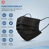A black disposable face mask is displayed with text highlighting its function display features like breathability, protection