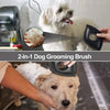 A 2-in-1 dog grooming brush is shown being used on a white dog, with an inset showing hair removal.