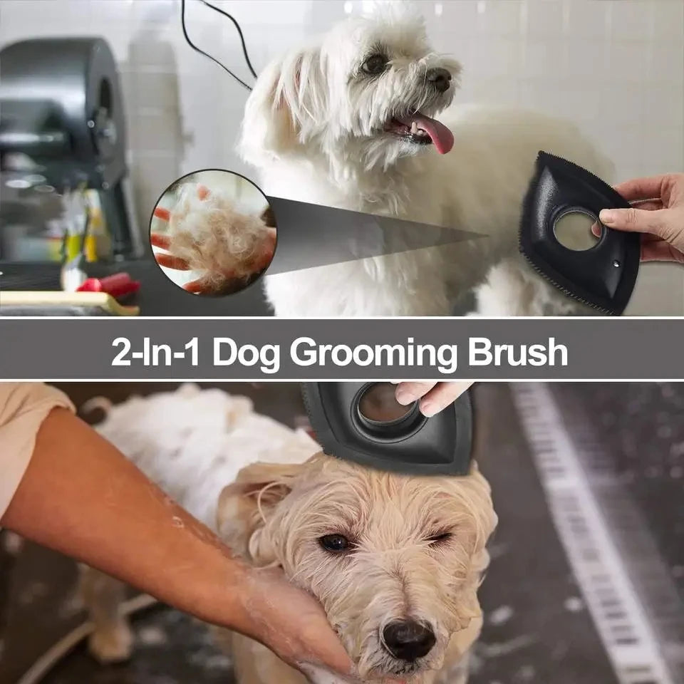 A 2-in-1 dog grooming brush is shown being used on a white dog, with an inset showing hair removal.