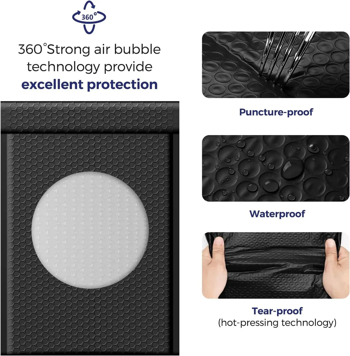 Black padded self-seal shipping envelopes featuring 360 degree air bubble technology for excellent protection.