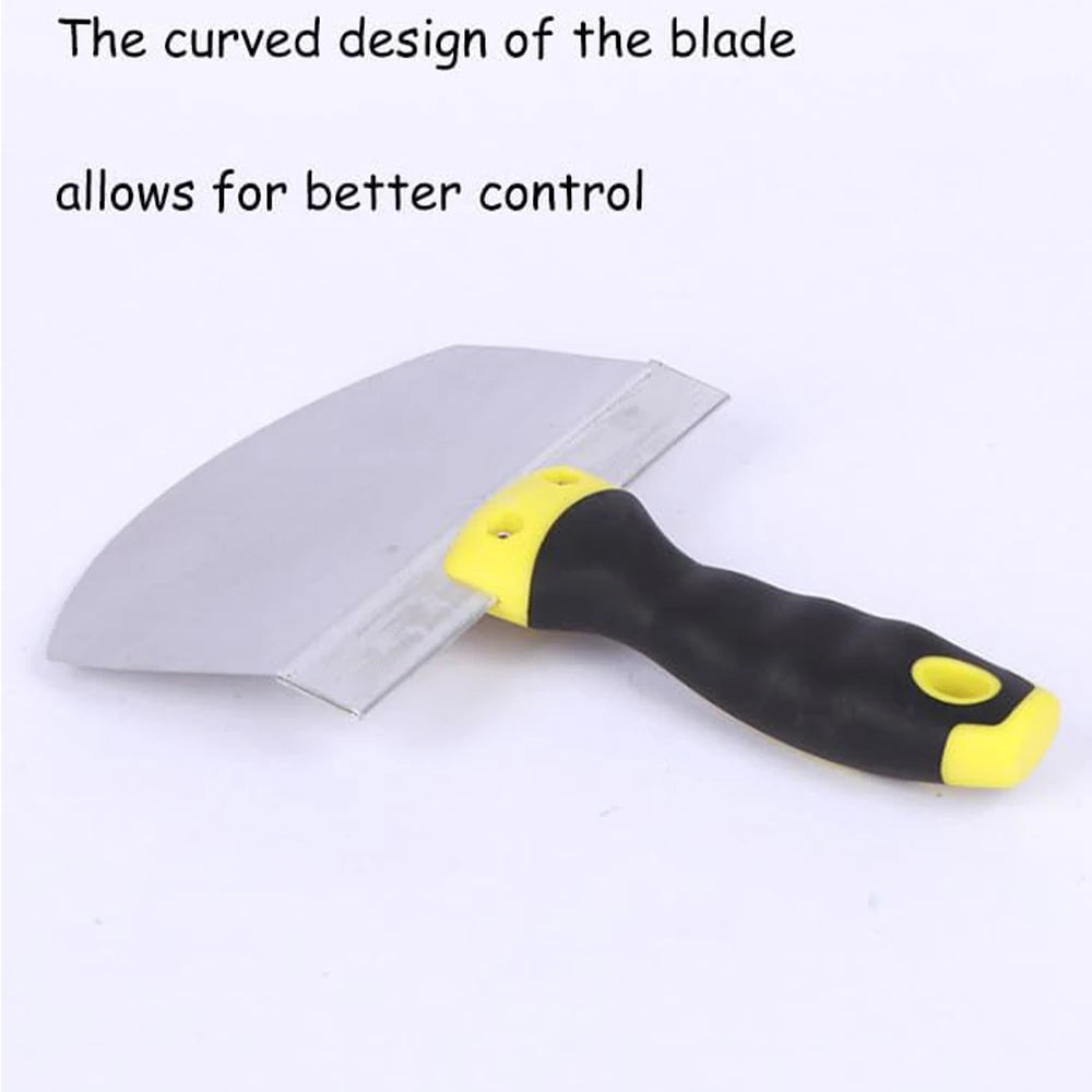 A stainless steel putty knife with a curved blade and a black ergonomic handle featuring a yellow grip.