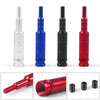 A set of aluminum shift knobs in silver, blue, black, and red, showing various sizes and angles.