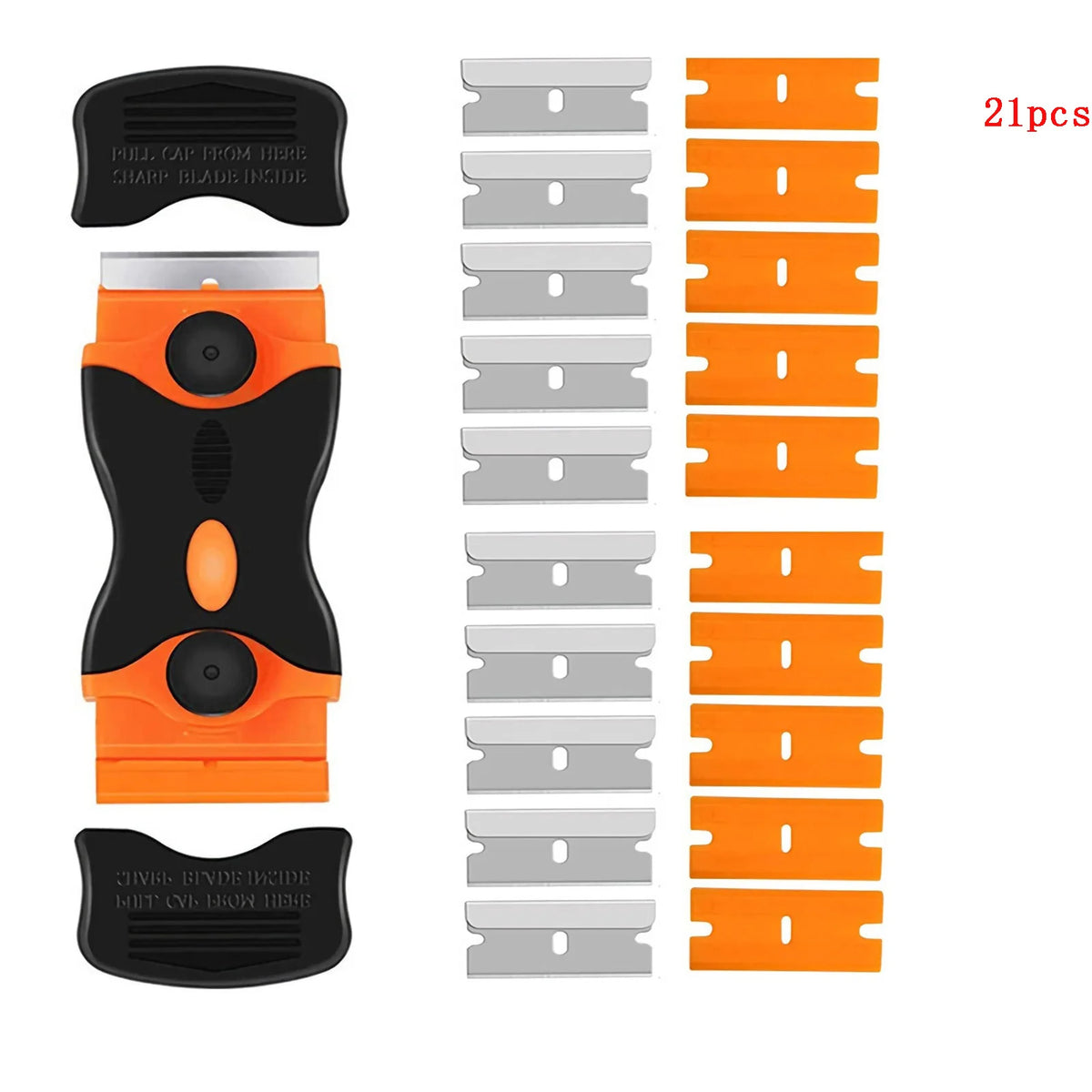 A set of 21 razor blade scraper tools, including a handle and multiple metal blades in silver and orange colors.