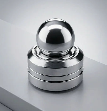 A polished silver kinetic metal desk spinner with a smooth spherical top and stacked rings.