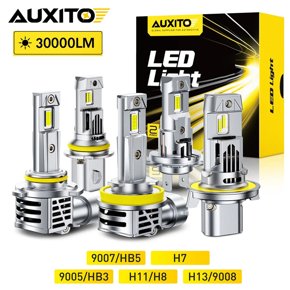 A set of five silver LED light bulbs with yellow bases and black packaging for automotive lighting.