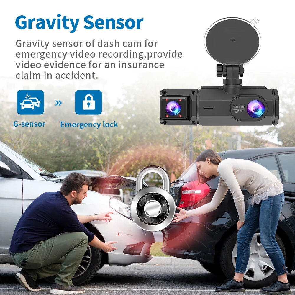 Schwerkraftsensor-Dashcam-Gerät neben einer Person, die eine Autotür öffnet.