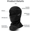 Black windproof full face balaclava mask featuring double reinforcement, reflective logo, and reinforced hemming.