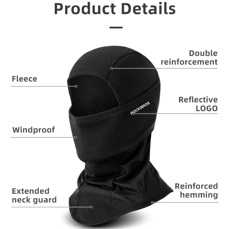 Black windproof full face balaclava mask featuring double reinforcement, reflective logo, and reinforced hemming.