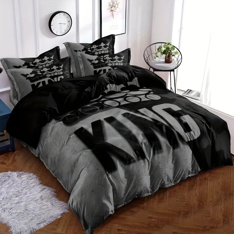 Grey and Black King Size Duvet Cover Set with Pillowcases