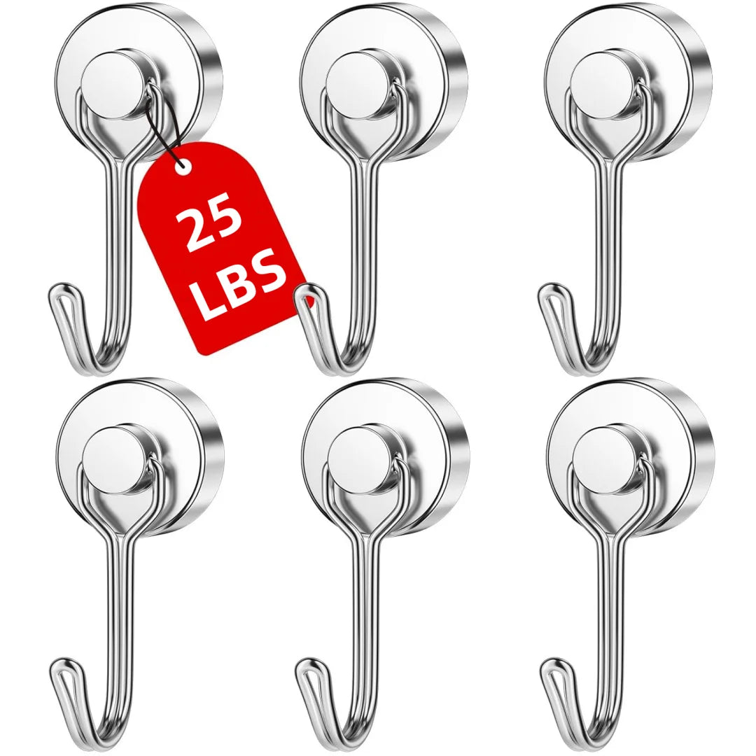 A set of heavy duty magnetic hooks for refrigerator and metal surfaces, including various sizes and a weight indicator.