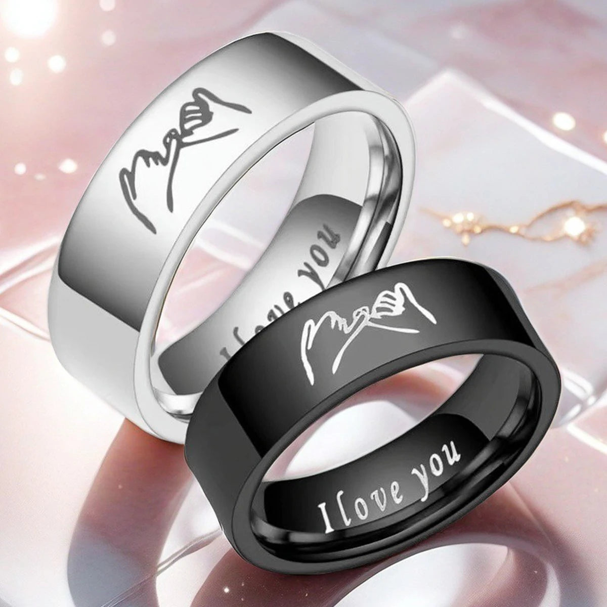 Ringe de couple en titane argent et noir gravés de 'I love you'