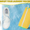 Comparison showing a shoe before and after being placed in a reusable yellow mesh laundry bag for washing.