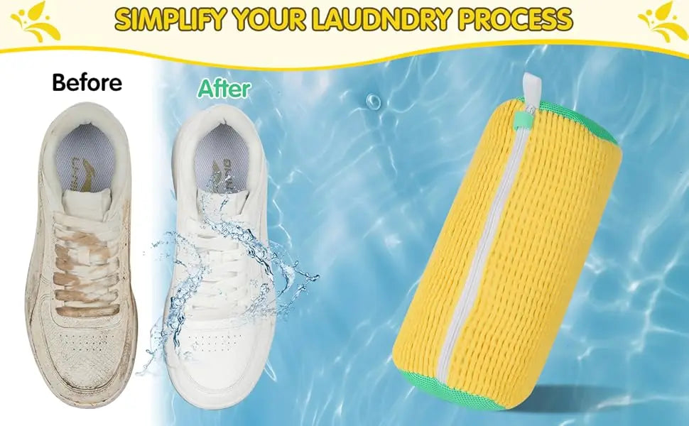 Comparison showing a shoe before and after being placed in a reusable yellow mesh laundry bag for washing.