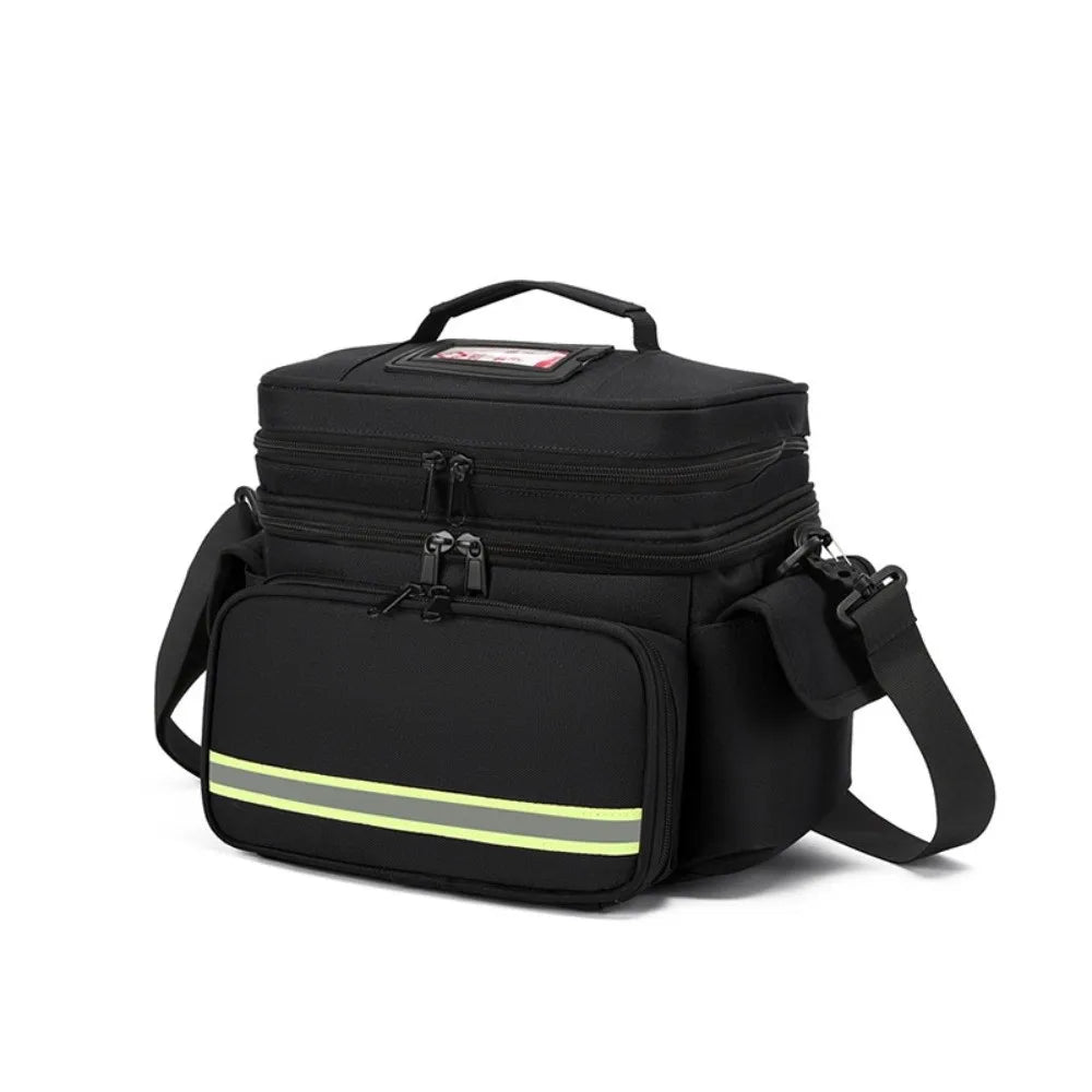 Black waterproof double-layer trauma and first aid bag with a yellow reflective stripe