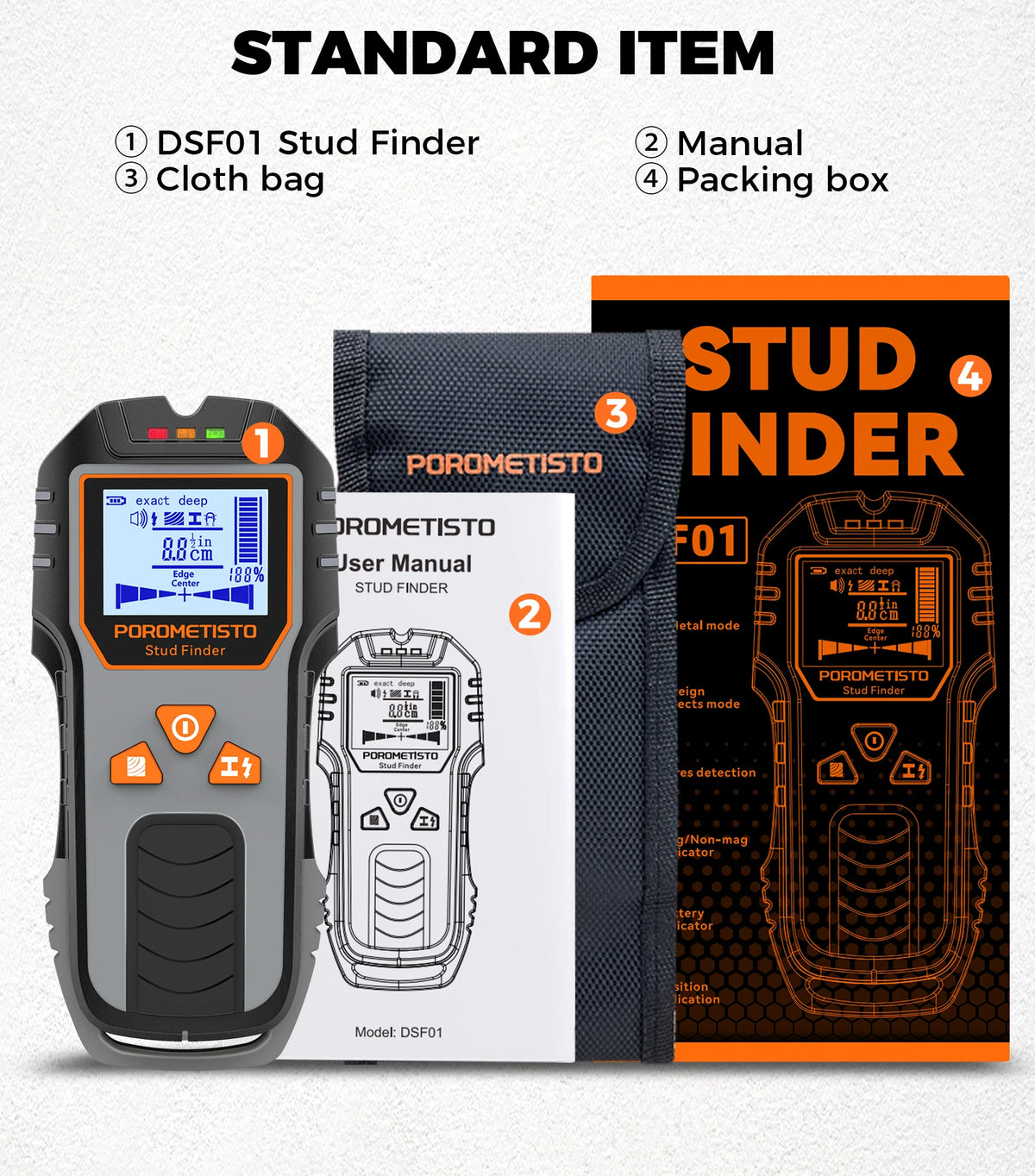 A black digital stud finder device and its accompanying manual and packaging box are displayed.