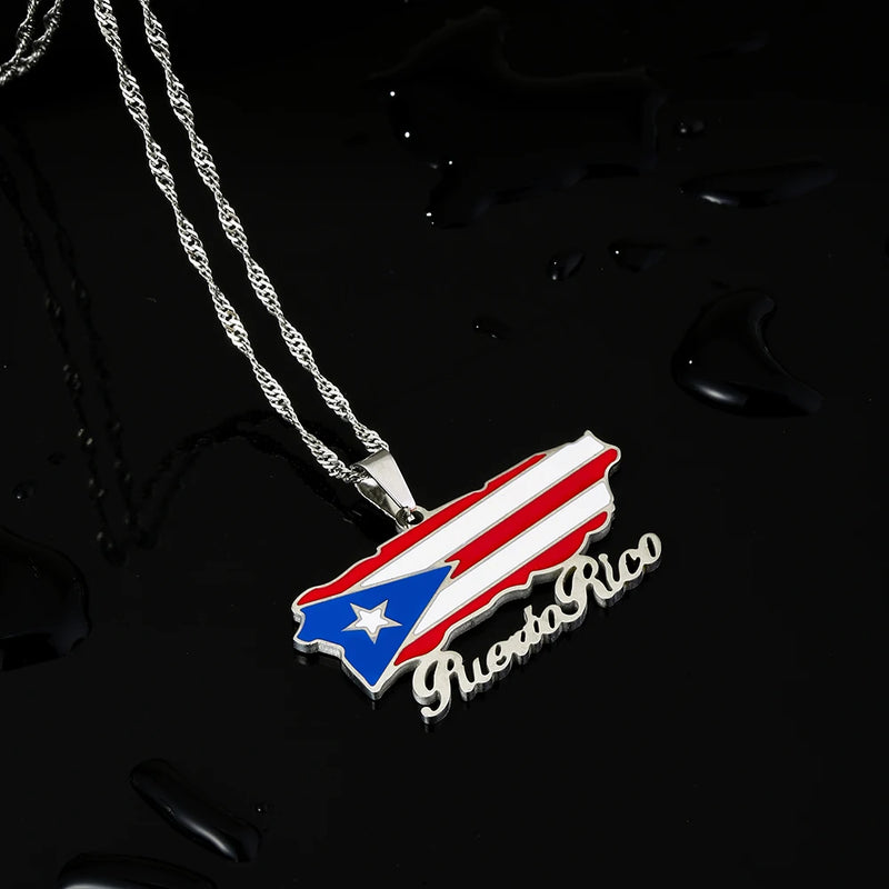 Stainless Steel Puerto Rico Map Pendant Necklace